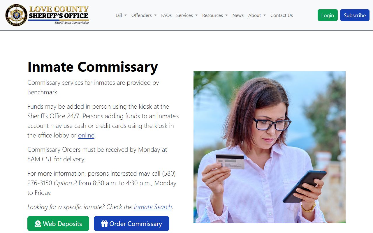Love County Justice Center inmate commissary and deposit information