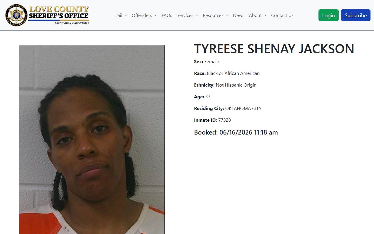 Love County inmate records profile with booking details
