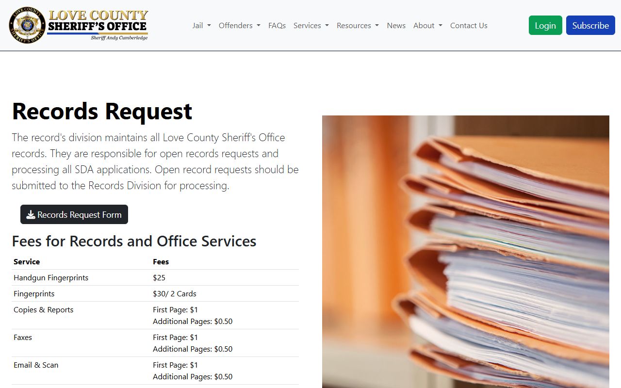 Love County inmate records request page and fee schedule