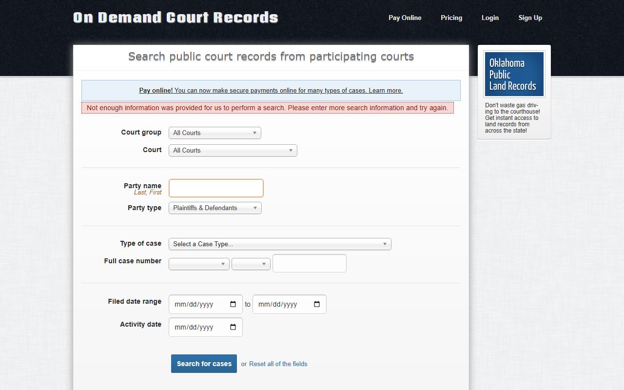 Love County court records after jail arrest ODCR search form